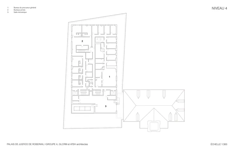 Floor plan drawing showing an irregular trapezoidal layout with numbered zones and an attached courtyard volume