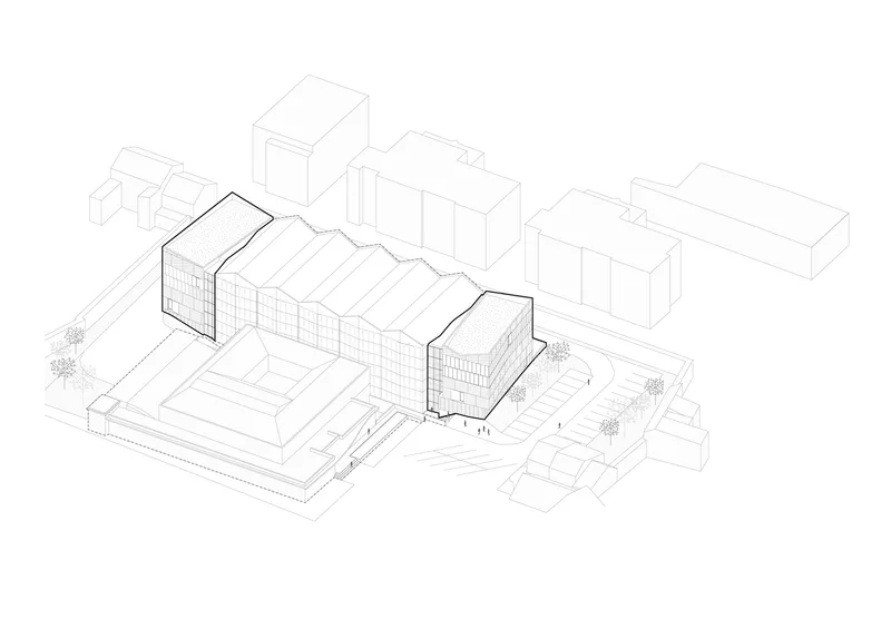Axonometric drawing showing a glazed building volume within surrounding urban context
