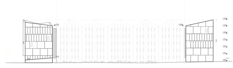Elevation drawing depicting two multi-story end volumes flanking a long horizontal glazed central section
