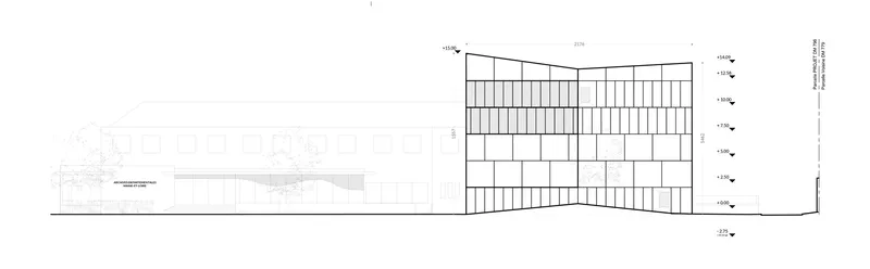 Elevation drawing showing the facade with angled rooflines and vertical window patterns on the upper levels