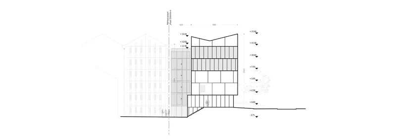 Elevation drawing of the corner condition where the taller volume meets the horizontal glass facade