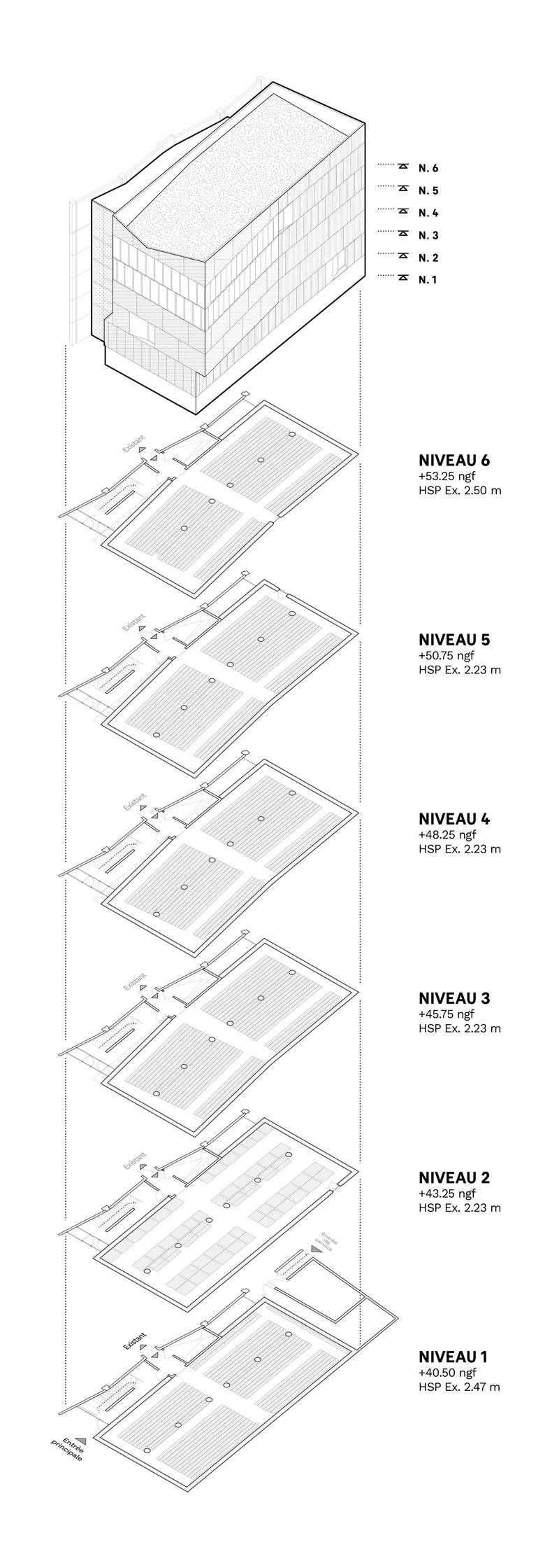Exploded axonometric drawing showing six floor plates stacked vertically above a perspective volume with gridded facade