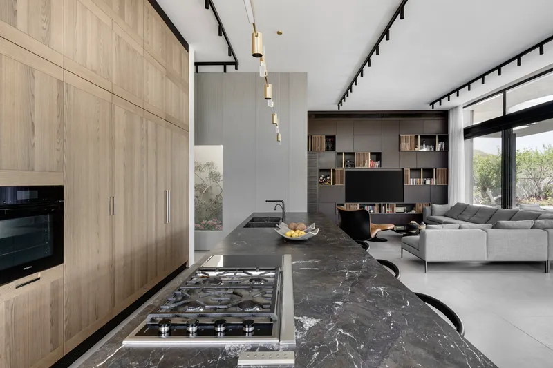 Kitchen island with dark veined stone countertop and gas cooktop facing the living room