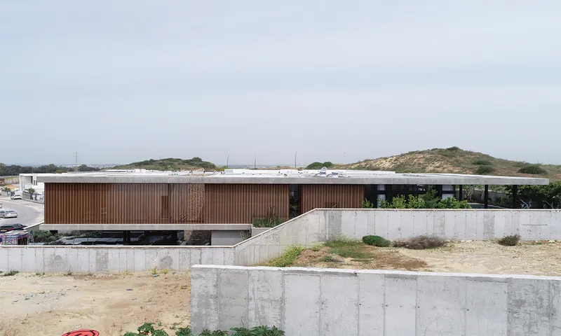 Lateral view of the vertical wood slat cladding on the elevated volume above terraced concrete walls