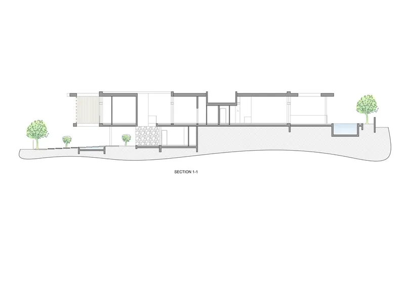 Section drawing showing split level volumes stepping with sloped site and landscaping