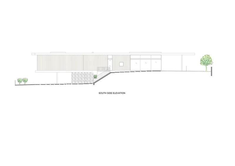 South elevation drawing showing horizontal volume with vertical slat screens and planted slope