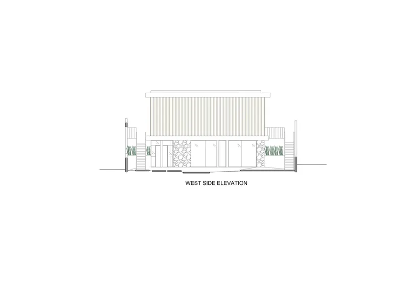 West elevation drawing showing a two-level structure with vertical cladding and planted areas at grade