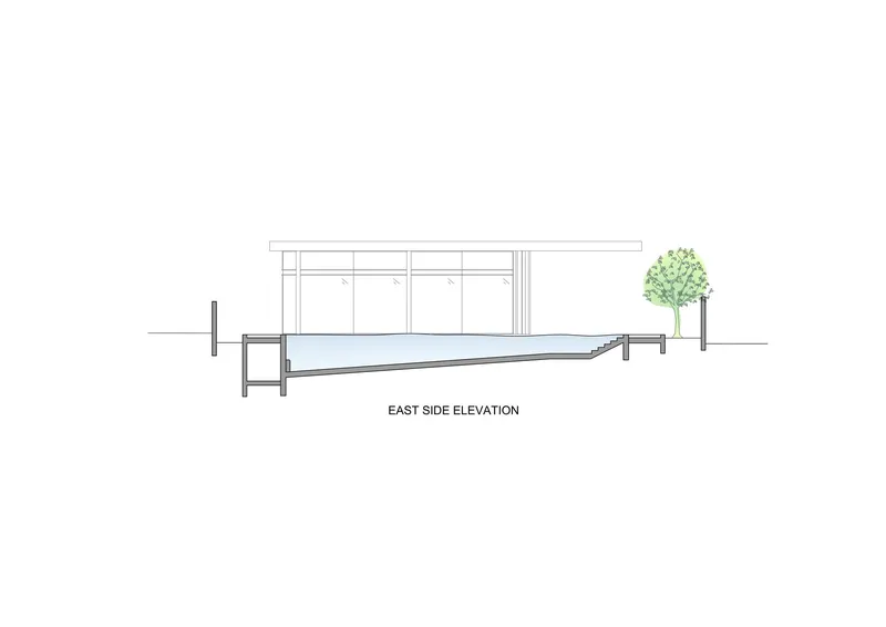 East elevation drawing depicting a sloped site with an exposed lower level and a tree