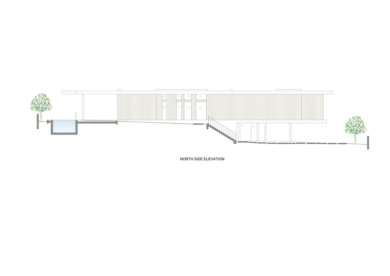 North elevation drawing showing a linear structure with vertical screening and exterior stair on sloped terrain