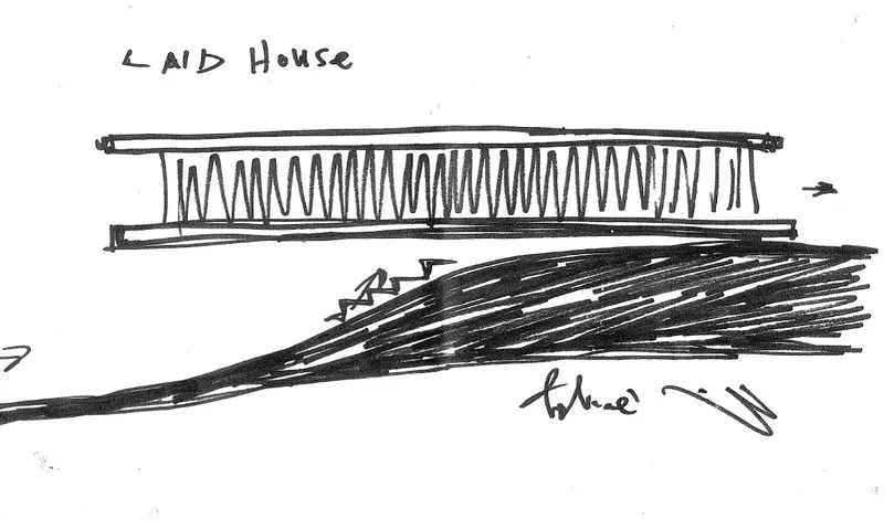 Sketch showing a sectional view with a ribbed roof structure over a sloping hillside