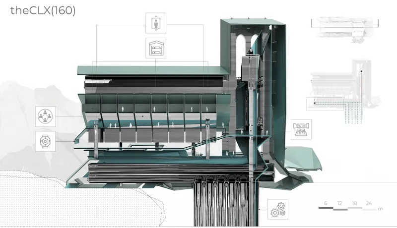 Sectional perspective revealing layered habitat systems, where circulation, structure, and energy infrastructure operate as a unified mechanism.