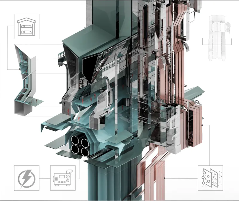 Axonometric detail of the core energy tower, showcasing microbial fuel systems embedded within vertical architectural frameworks.