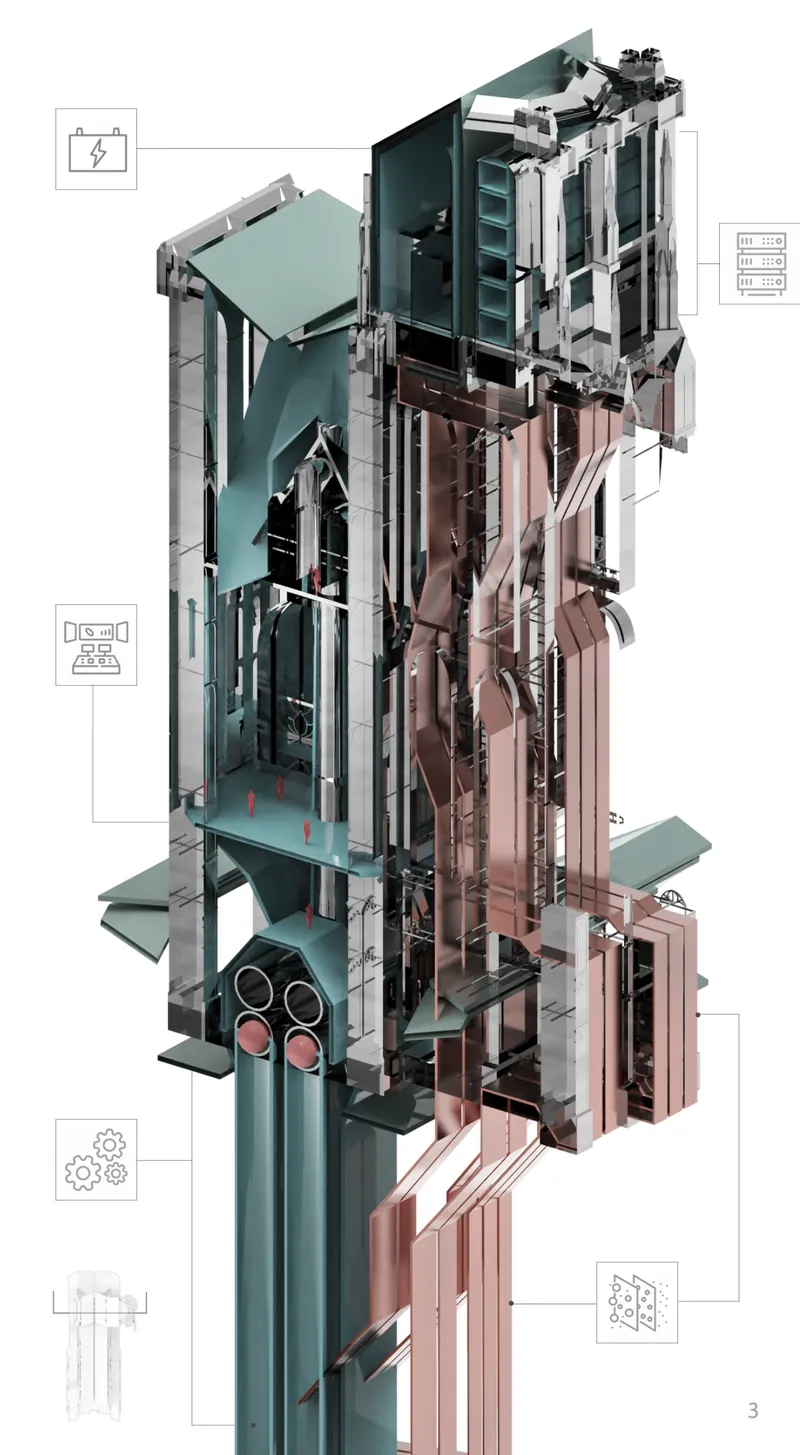 Exploded vertical system highlighting the interaction between structural shell, service cores, and bio-energy production units.