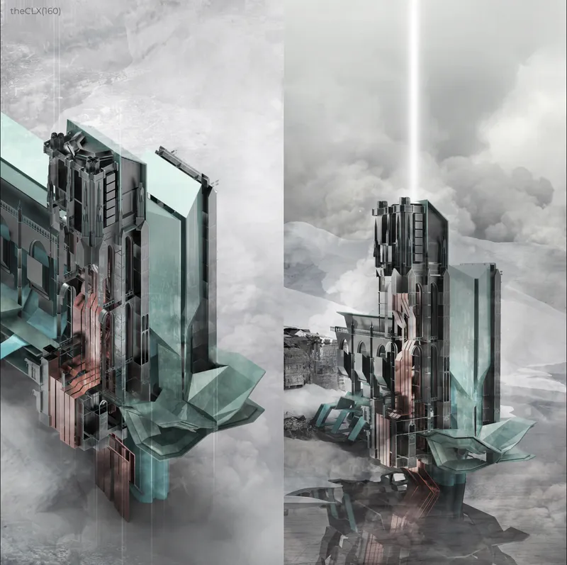Atmospheric visualization of theCLX(160) as a post-apocalyptic habitat, merging historic architectural language with adaptive, floating infrastructure.