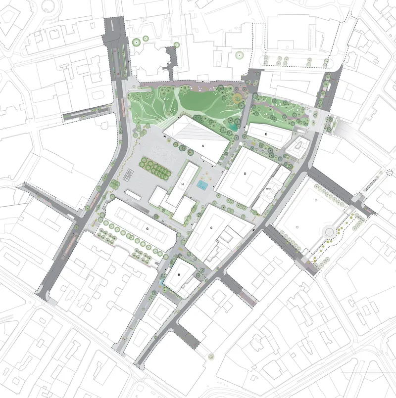 Site plan drawing depicting buildings around central green space with street grid and planted areas in color