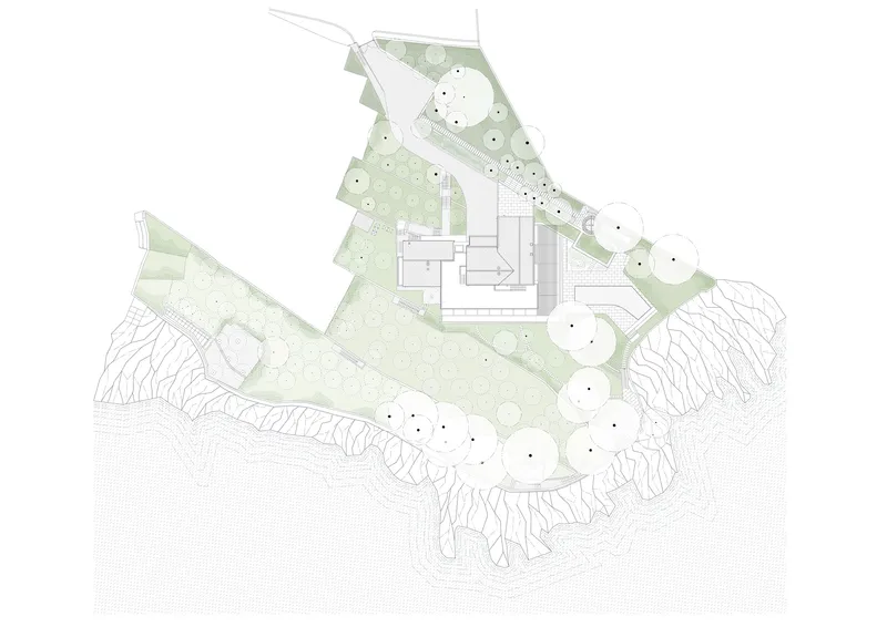 Site plan drawing showing building footprint and landscape terraces along a cliff edge