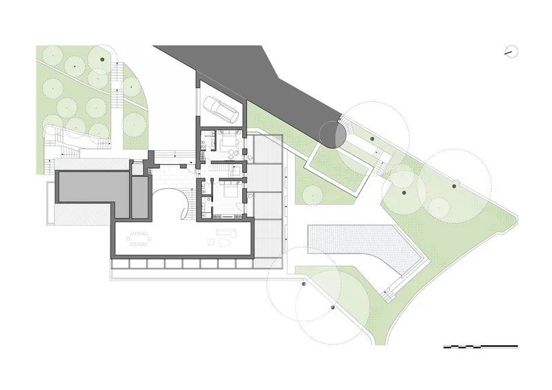 First floor plan drawing showing bedroom areas and a pool terrace with diagonal site orientation