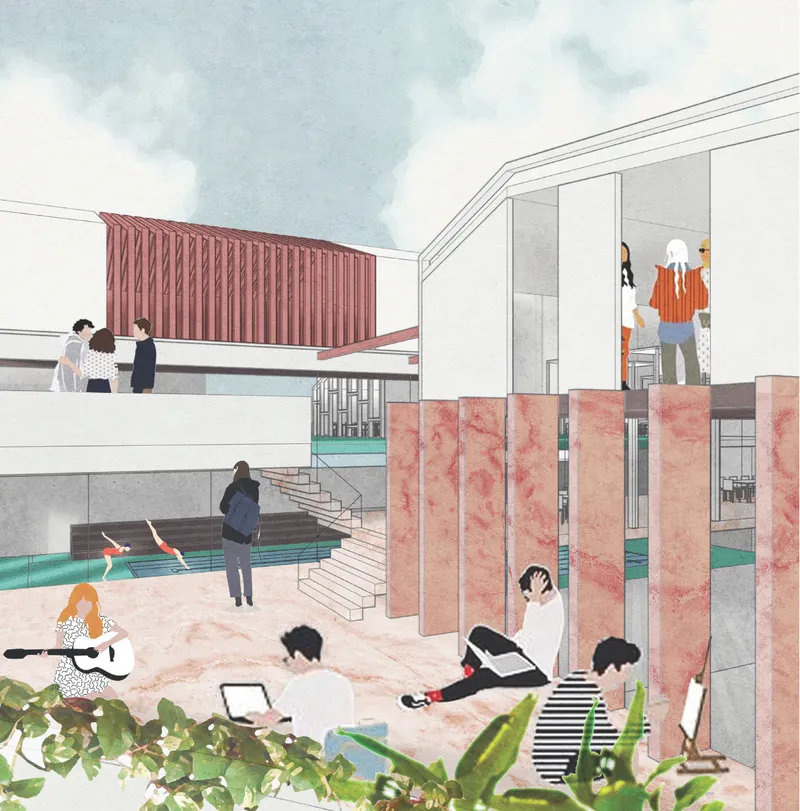 Open courtyards and transitional spaces create immersive environments for creativity and informal education.