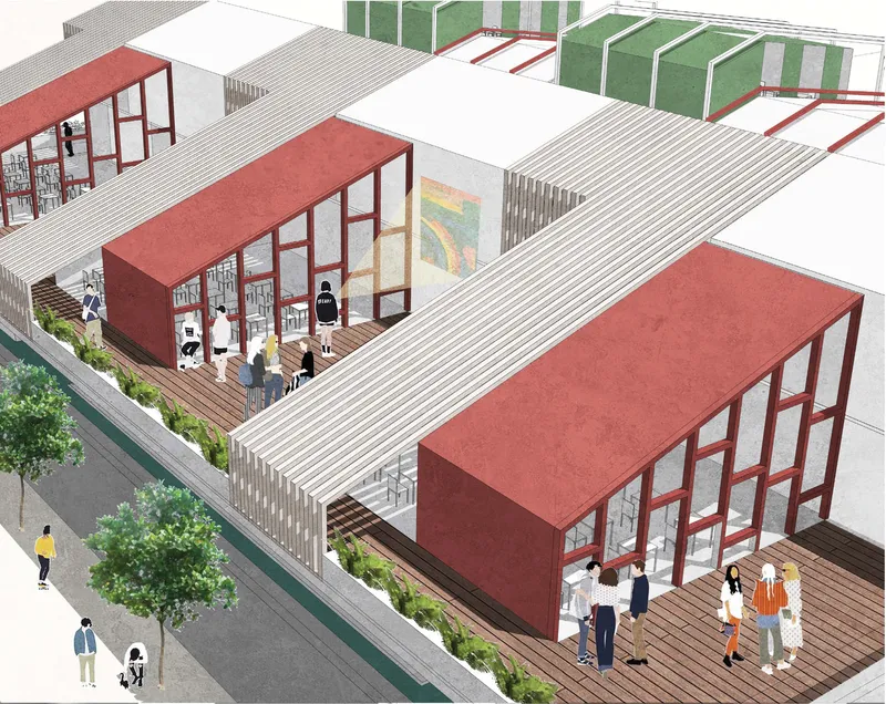 Flexible classroom architecture layered above active social and recreational environments.