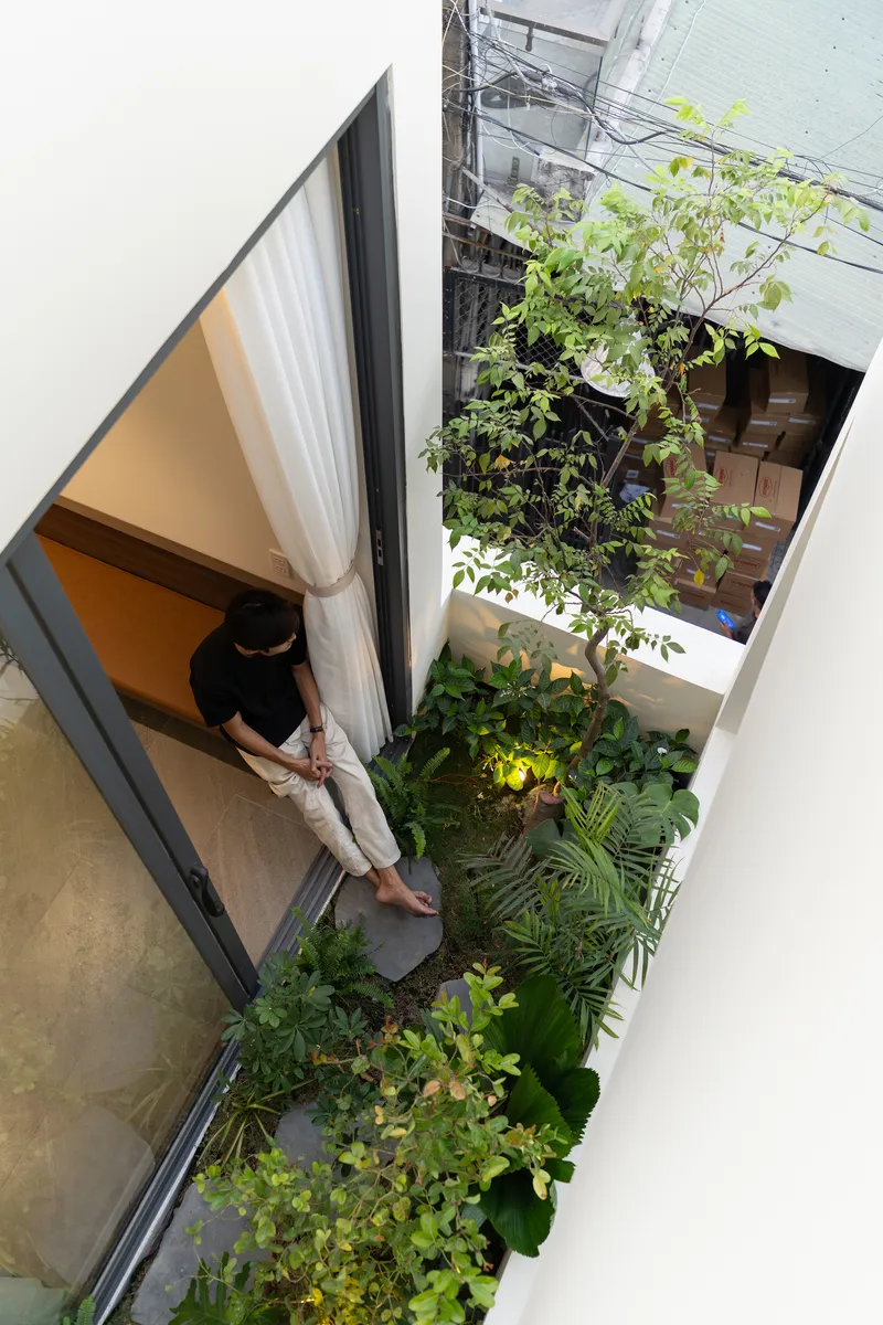 Top-down view of the narrow courtyard planted with trees and climbing vines beside a seated figure