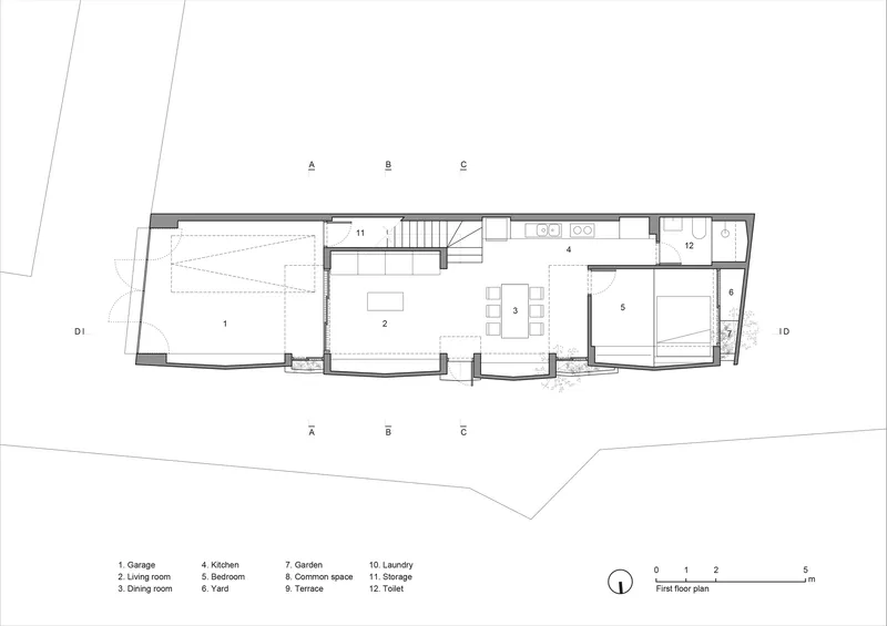 First floor plan showing living room, dining room, bedroom, and garage on narrow site