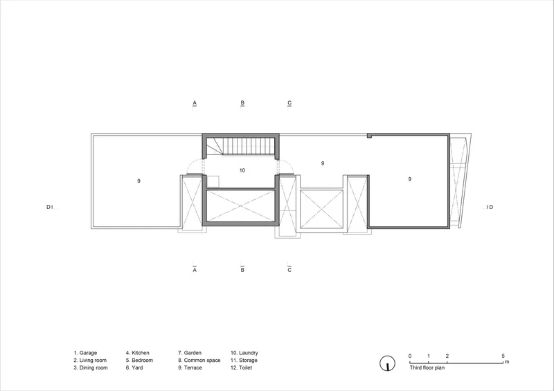 Third floor plan showing terrace spaces flanking a central stair and utility core
