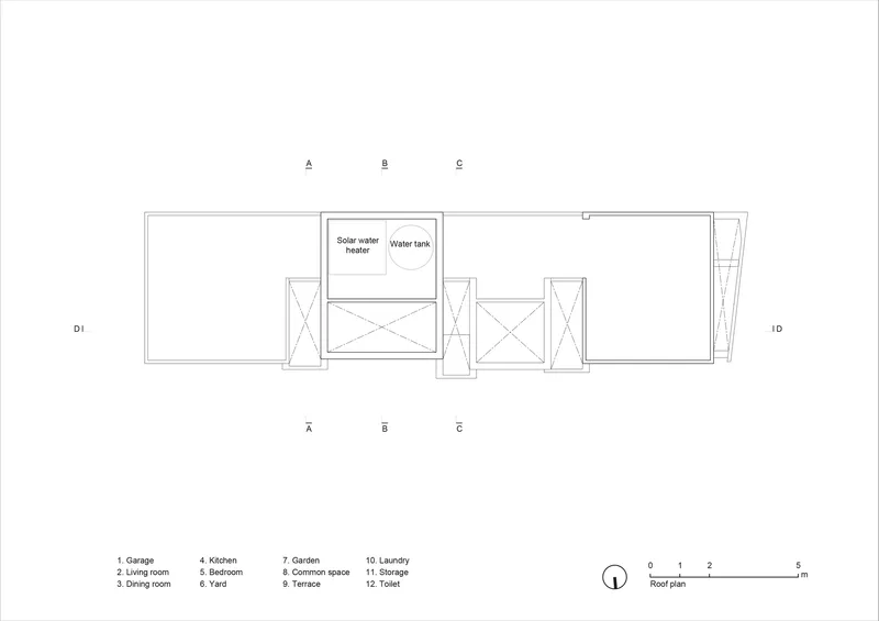 Roof plan drawing showing solar water heater and water tank with three sectional cut lines