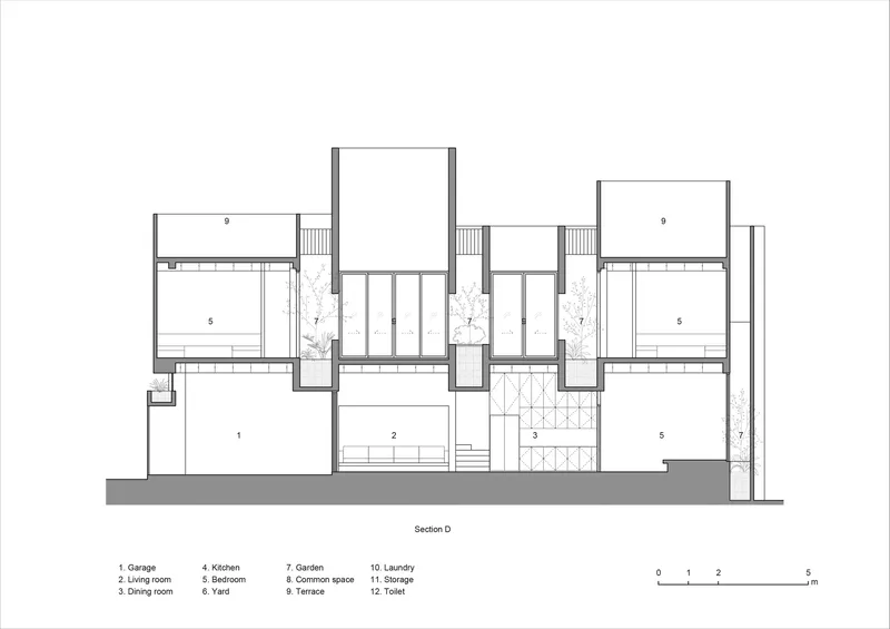 Section drawing showing split-level interiors with terraces and planted voids connecting multiple residential units