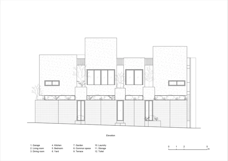 Elevation drawing depicting offset volumes with planted courtyards and ground-level garage openings