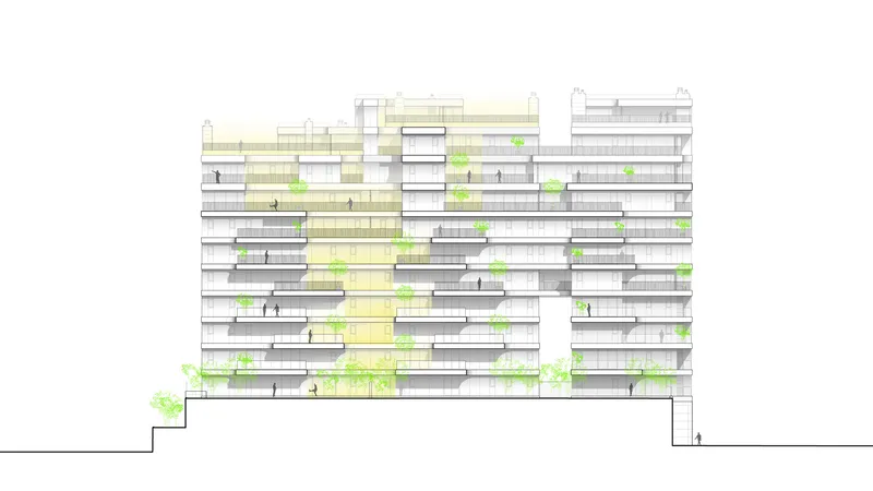 South elevation drawing highlighting vertical circulation zones and planted terraces with occupants