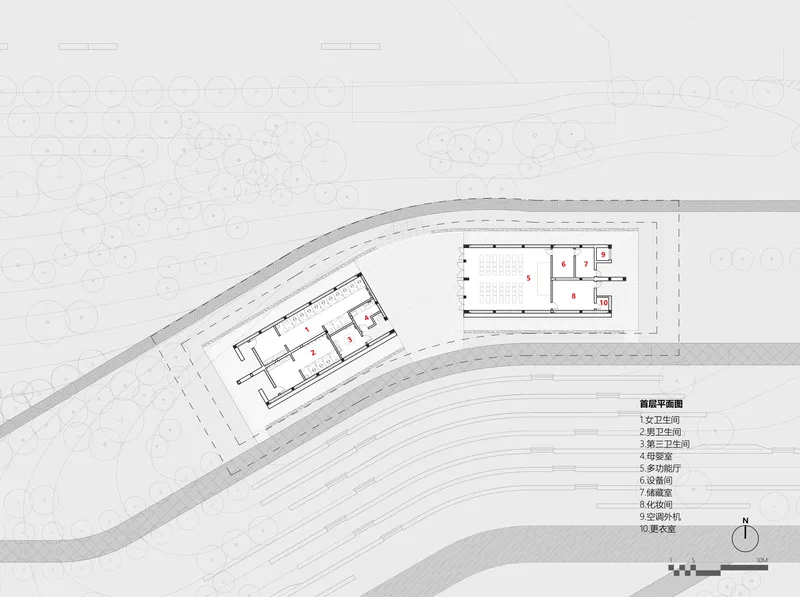 Floor plan drawing showing rectangular spaces arranged along a curved linear building with adjacent terraces