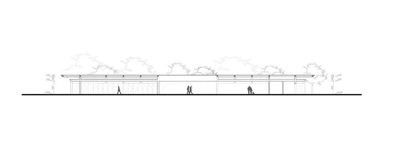 Elevation drawing showing a low linear pavilion with flat roof and columns beneath rows of trees