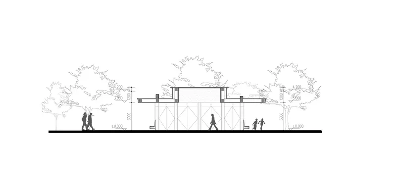 Section drawing depicting a central courtyard space with glazed panels flanked by covered areas and trees