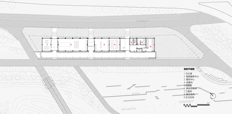 Floor plan drawing revealing three rectangular gallery spaces connected by circulation and service zones
