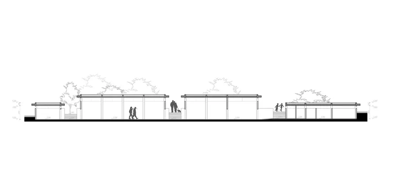 Longitudinal section drawing displaying offset roof heights across connected pavilions with figures and trees
