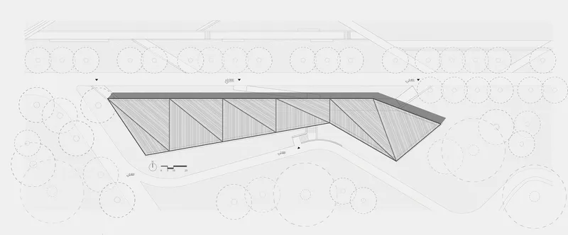 Roof plan drawing showing angled volumes with hatched surfaces amid circular tree canopies