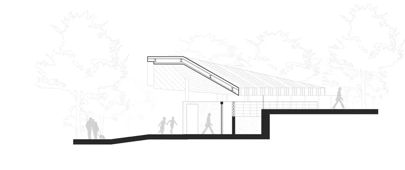 Section drawing showing sloped roof volumes and interior spaces with silhouetted figures among trees