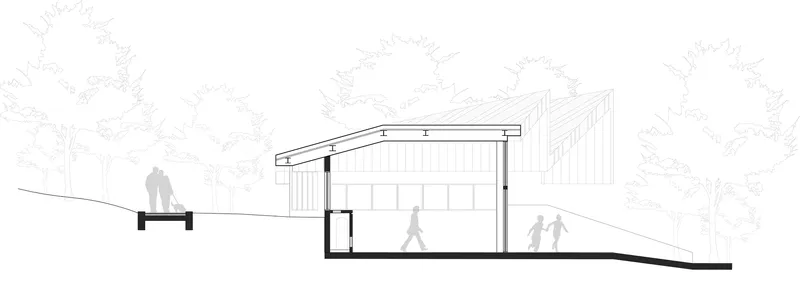 Section drawing showing angled roof structure over interior spaces with human figures on sloped ground