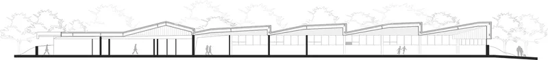Elevation drawing showing a series of gabled roof volumes with vertical cladding and human figures