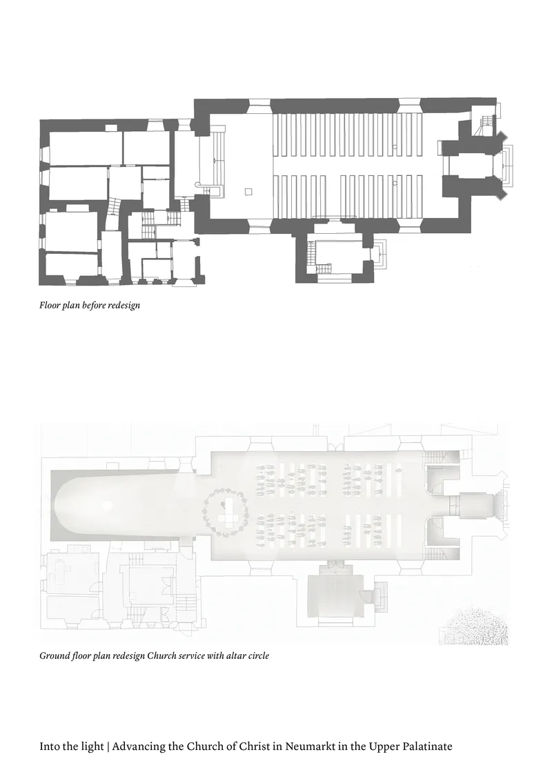 Floor plan drawings showing the existing layout with pews and the redesigned sanctuary with altar circle