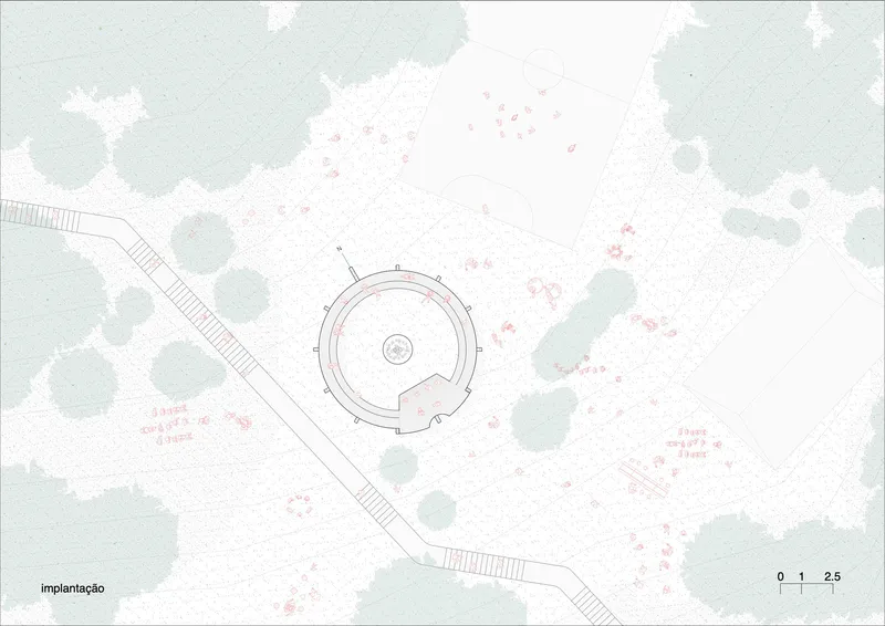 Site plan drawing showing a circular structure surrounded by tree canopies and a diagonal pathway