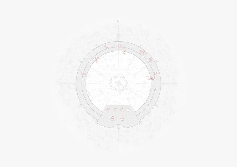 Floor plan drawing showing a circular structure with a central core and radiating spaces oriented to north