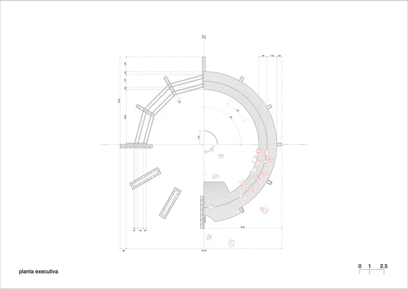 Floor plan drawing revealing a curved building with rectangular volumes extending from the perimeter