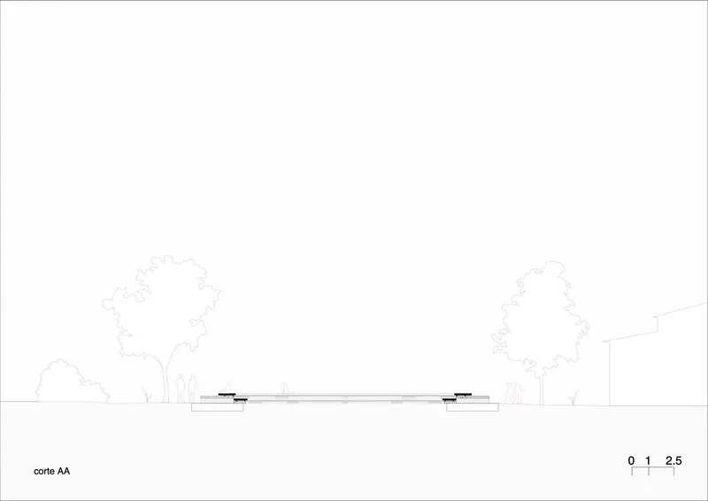 Section drawing showing the low-profile structure nestled in sloping landscape with deciduous trees