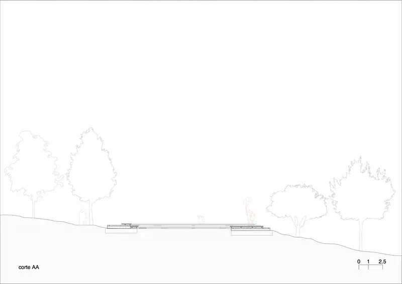 Section drawing depicting the horizontal building profile integrated into the terrain with surrounding vegetation