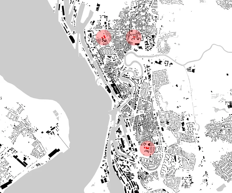 Urban plan drawing showing the development area highlighted in pink within the broader street network and waterfront