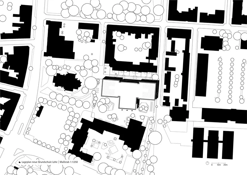 Site plan drawing showing a rectangular building footprint surrounded by existing structures and rows of street trees
