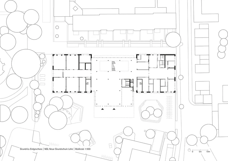 Ground floor plan drawing showing a symmetrical layout with central circulation and surrounding tree canopies