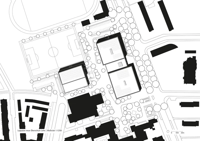 Site plan drawing showing three courtyard buildings arranged in a cluster with surrounding landscape and trees
