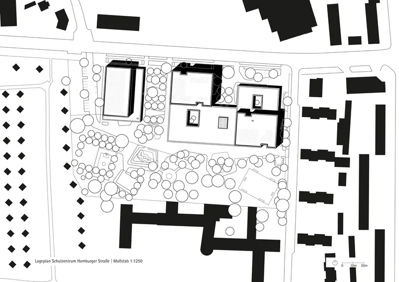 Site plan drawing showing building volumes in black surrounded by circular tree symbols and neighboring structures